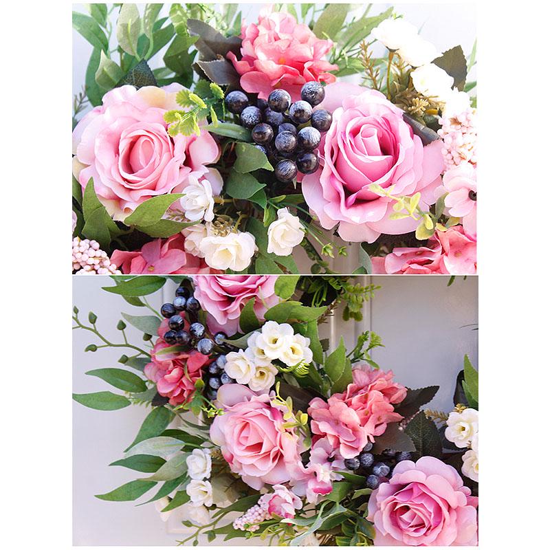 Artificial Hanging Wreath 56cm 22in Greenery Wreath Decoration Elegant Wreath for Front Door Bedroom Living Room Pink