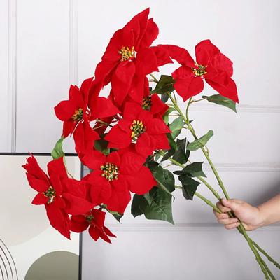Flanelle Toucher Réel Branche de Poinsettia Artificiel Bouquet de Fleurs Rouges de Noël Décoration Bureau École Maison Ornement d'Arbre de Noël