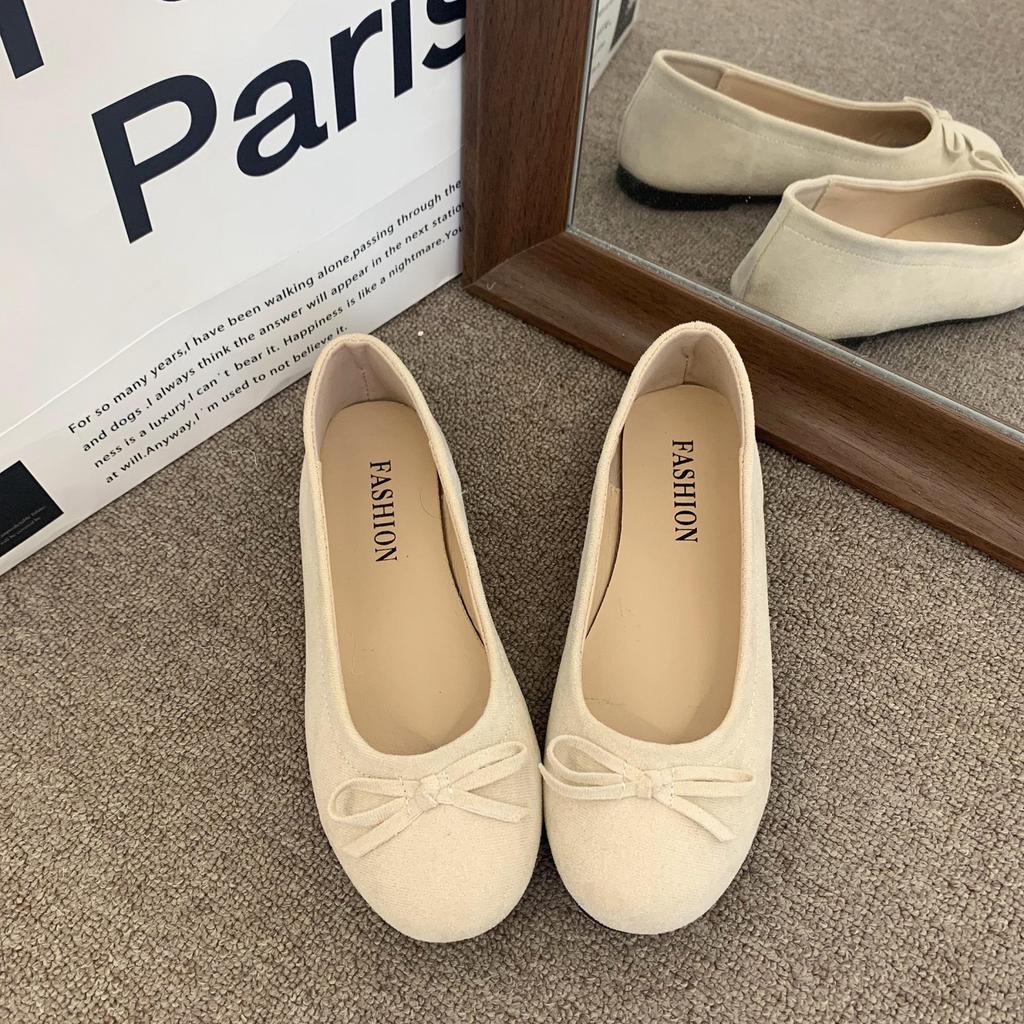 2025 Autumn New Retro Gentle Soft-soled Ballet Shoes Shallow Mouth Flat-soled Bow Matte Velvet Round Head Single Shoes Women