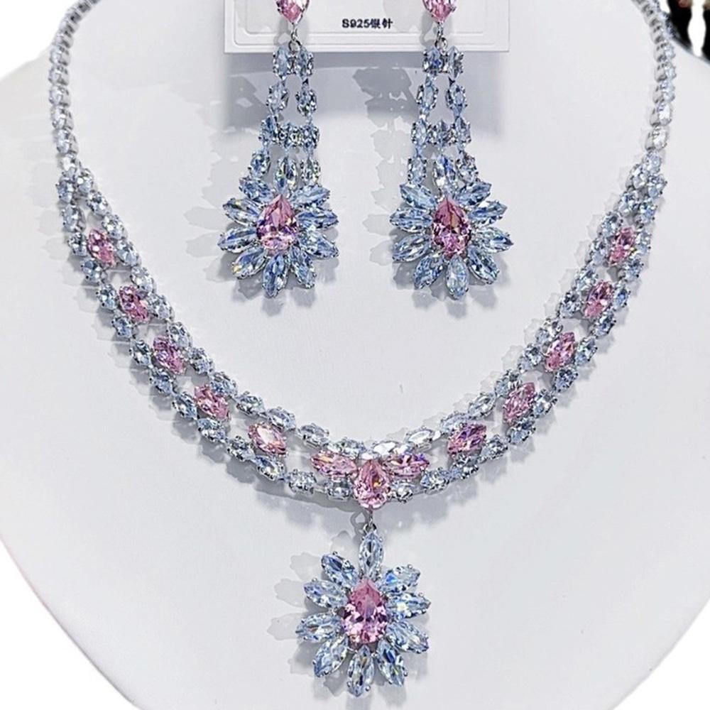 Women's Fashion Luxury Zirconia Crystal Pink Necklace Earrings Set Bracelet Jewelry Set Bridal Wedding Banquet Party Holiday