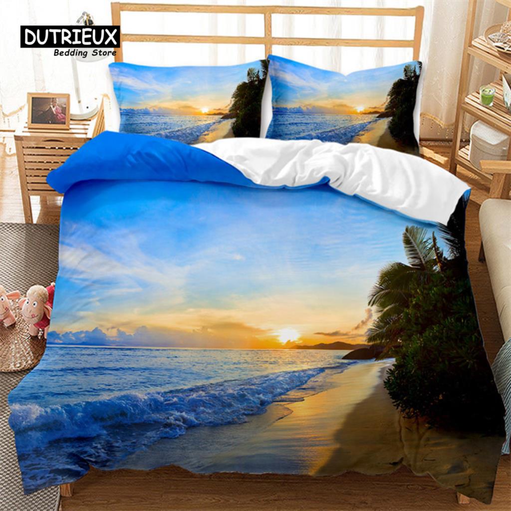 Hawaiian Summer Beach Duvet Cover Exotic Tropical Seascape Bedding Set Microfiber Palm Trees Comforter Cover For Kids Adult Room