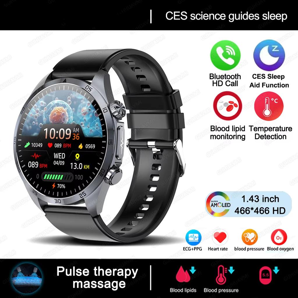 2025 NEW Pulse Therapy Smart Watch Sapphire Glass Screen ECG+PPG Blood Fats Uric Acid BT Call Sports Health Watches for Huawei