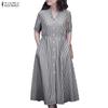 ZANZEA Women Casual V-Neck Short Sleeve Loose Stripe Dress