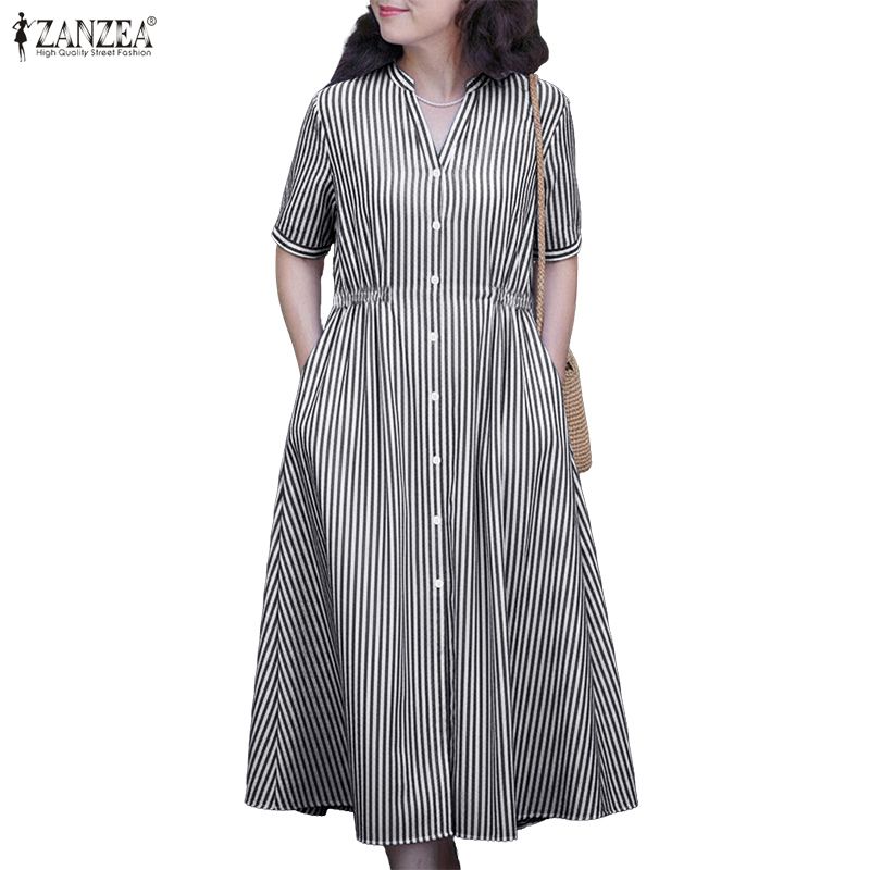 ZANZEA Women Casual V-Neck Short Sleeve Loose Stripe Dress
