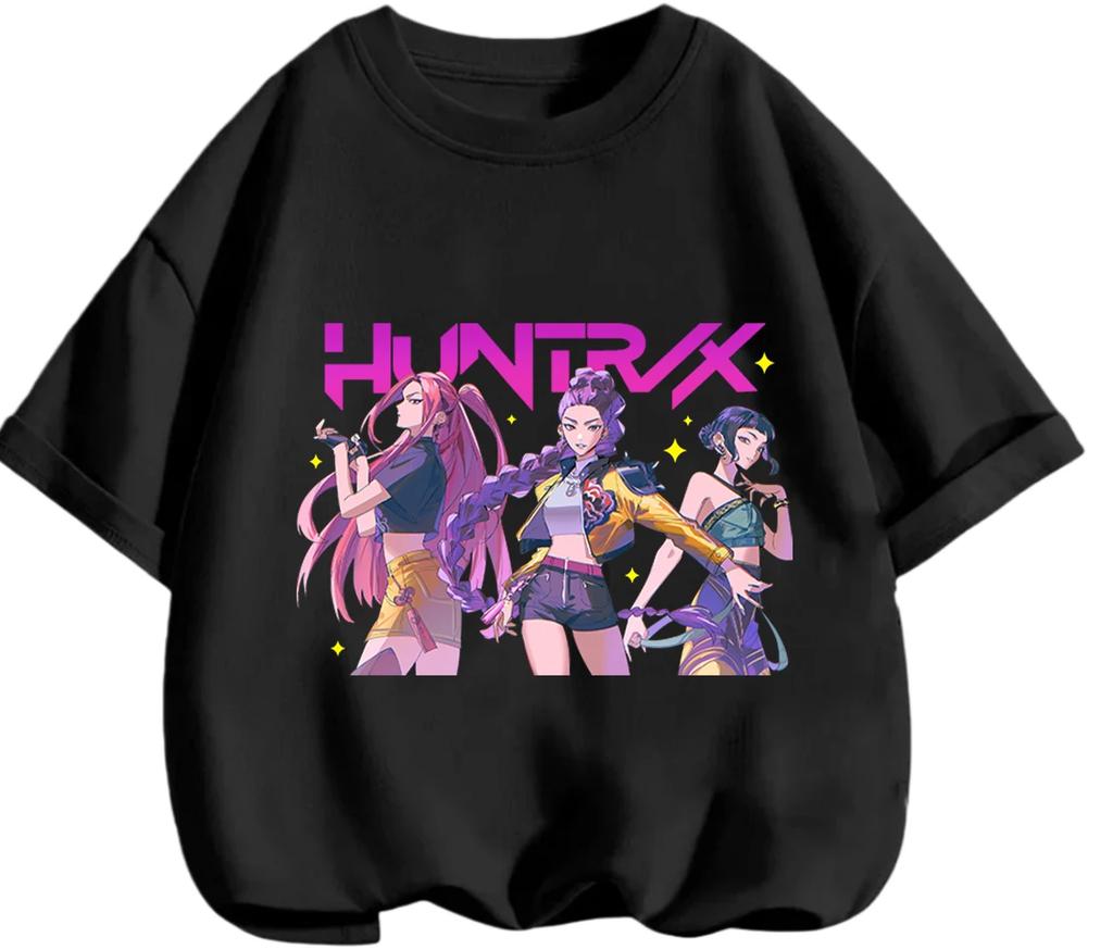 Playful Cartoon Kpop Demon Hunters Kids Tee Summer Casual Round Neck Design Daily School And Outdoor Wear Boys Girls Tops