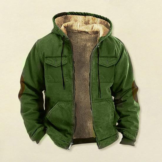 Men Thermal Jacket Hooded Drawstring Long Sleeve Solid Color Jacket with Pockets Zipper Closure