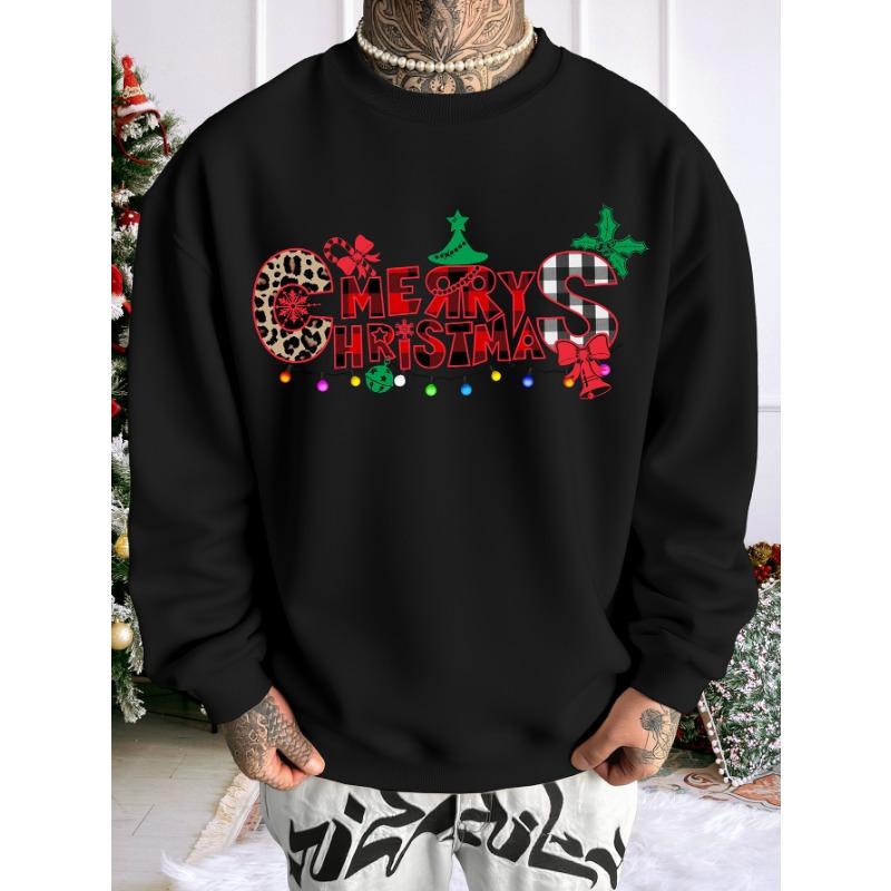 Men's Loose Fit Casual Crew Neck Sweatshirt With "Merry Christmas" Heat-Transfer Print For Autumn Winter.