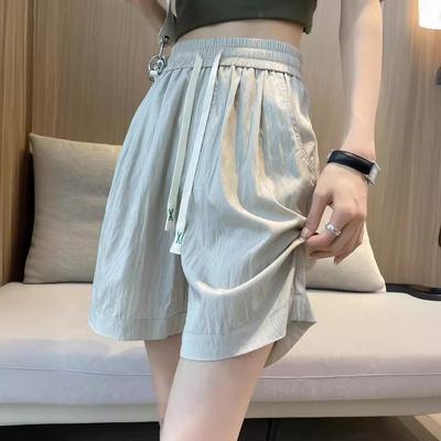 Summer Ice Silk Sports Shorts for Women, Large Size Summer Thin Style, High Waist, Slim and Versatile Five-point Wide-leg Medium Pants