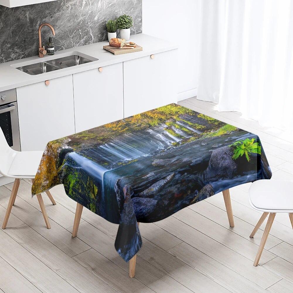 Waterfall Tablecloth Alpine Flowing Water Printed  Stain Resistant Waterproof Kitchen Table Home Decoration
