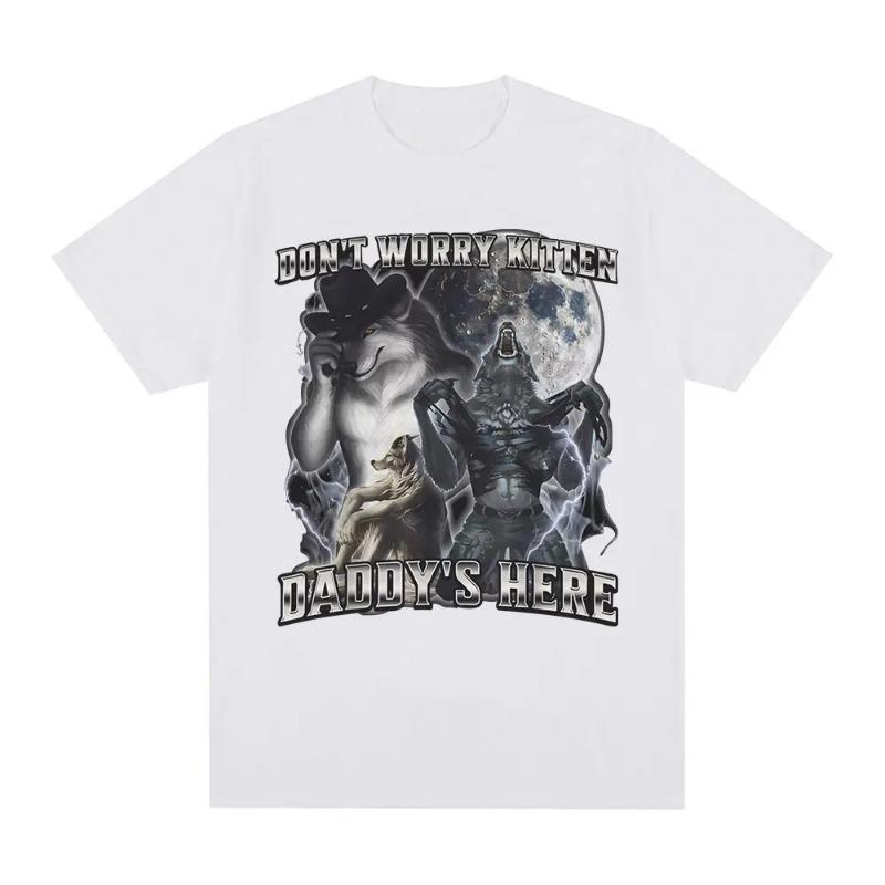 Keine Sorge, Papa ist da Kätzchen Lustiges Alpha-Wolf-Meme T-Shirts Herren Freizeit Baumwoll-T-Shirt Vintage Kurzarm Übergröße