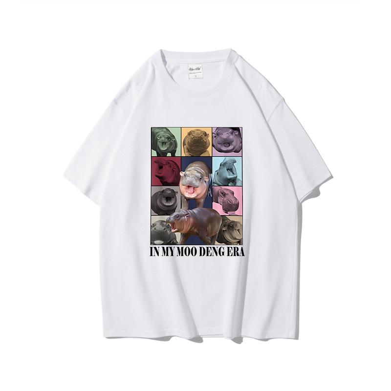 Summer Pure Cotton Short Sleeved Creative Trend Bouncing Pig Moo Deng Printed Round Neck Sports Shirt Casual Versatile T-Shirts Women’s