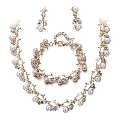 Latest Stylish 18k Gold Plated Combo Pearl Necklace Earrings Bracelet Jewellery Set for Women and Girls