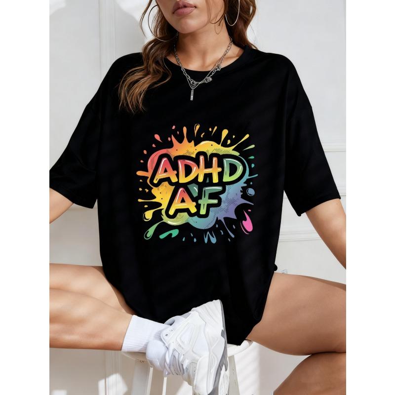 Vintage Oversized T-Shirt with Rainbow Splatter "ADHD AF" Graphic Print – Edgy Streetwear Style Top