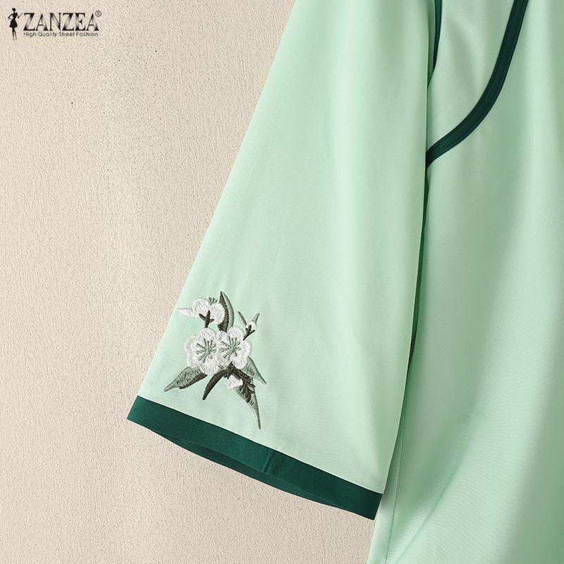 ZANZEA Damen Freizeit Stehkragen 3/4 Ärmel Blumenstickerei Bluse