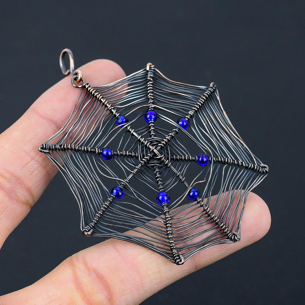 Spider Web Shaped Blue Topaz Gemstone Pure Copper Wire Wrapped Handmade Pendant Jewelry