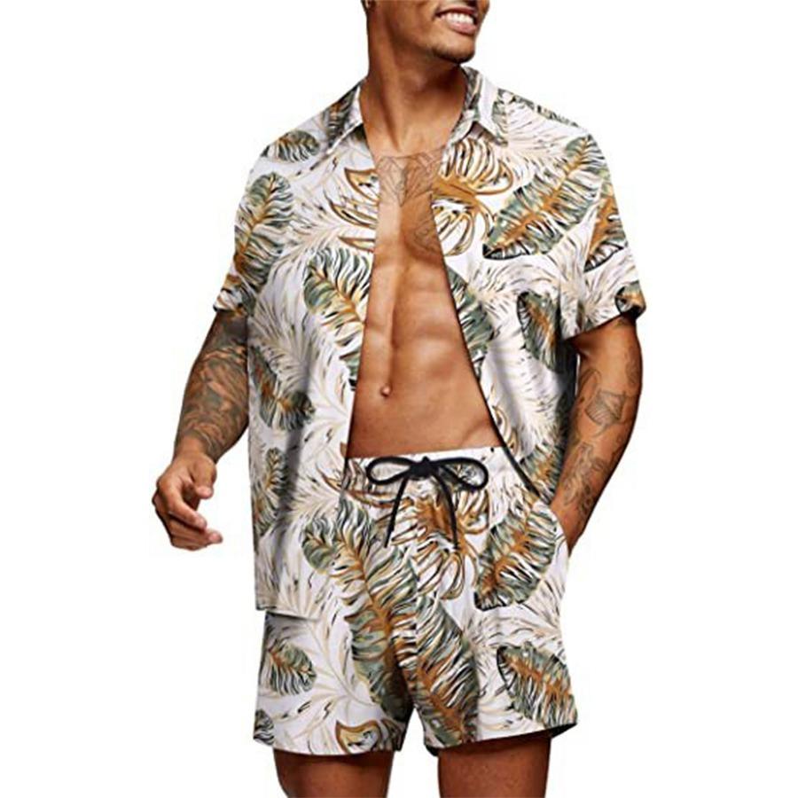 Men's Hawaiian Shirt Set Short-Sleeve Shirt Hawaiian Casual 3D Linen Palm Print Set