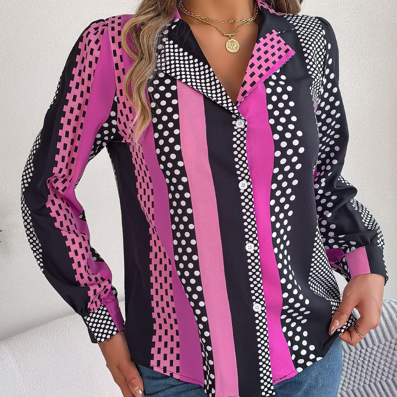 

GMXIA Жіночі модні повсякденні костюми з принтом у горошок і довгими рукавами, блузки та сорочки, кольорова сорочка для приміських поїздок L рожевий червоний колір