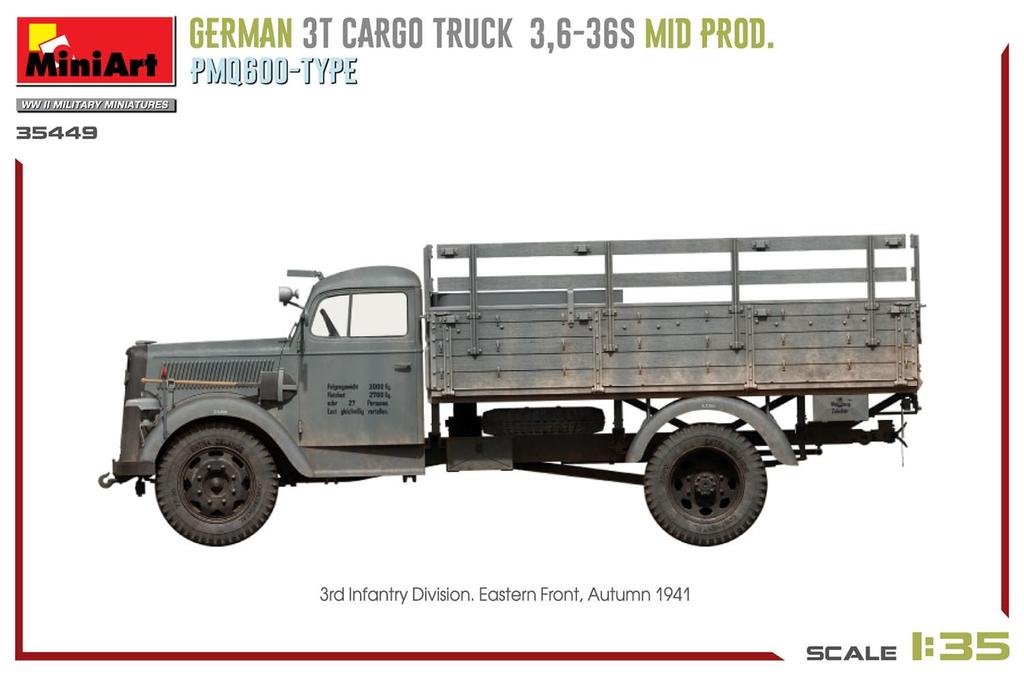 MiniArt German Army Cargo Truck Type PmQ600 Plastic Model Kit MA35449 1/35 WW.II 3-ton 3.6-36S Mid-Production
