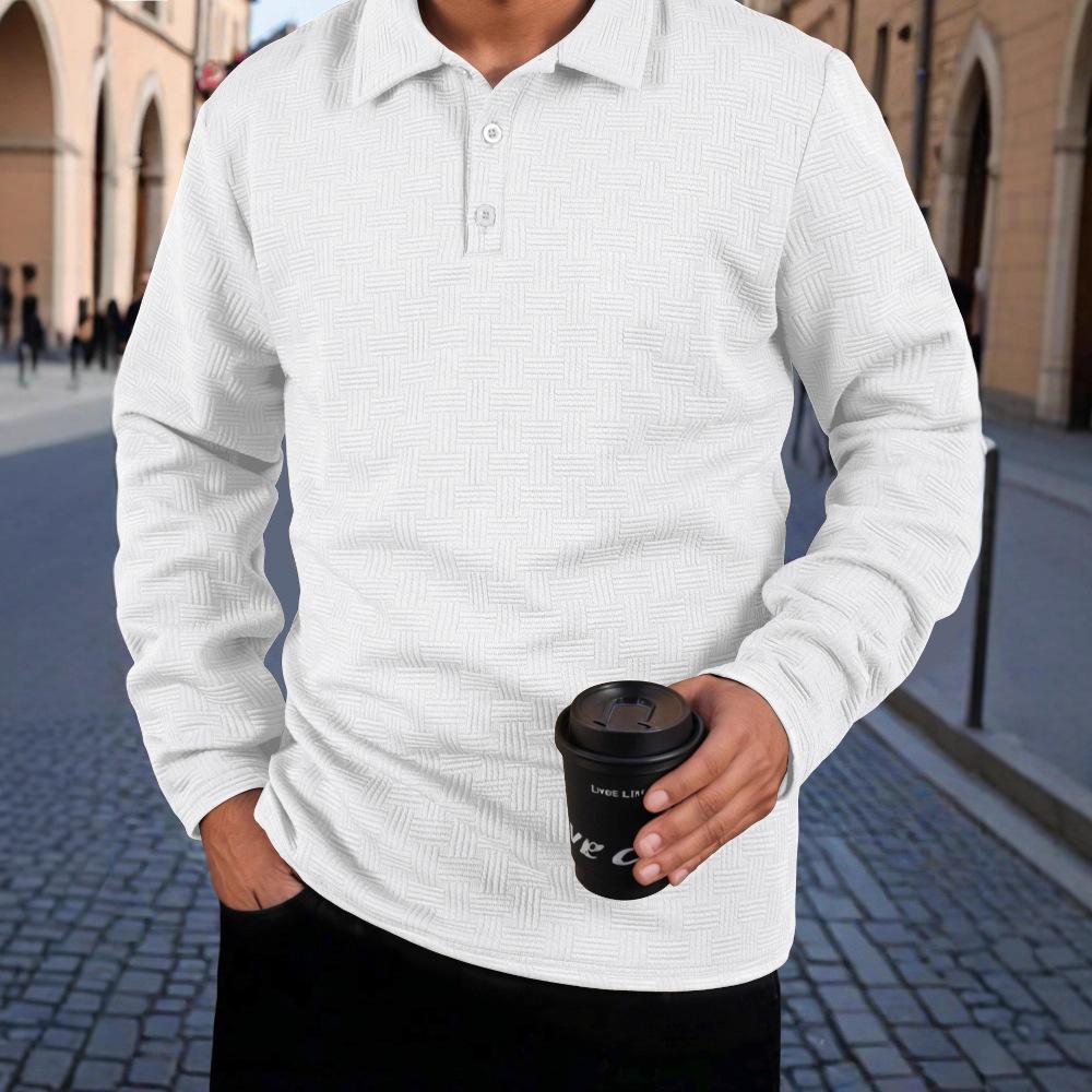 

2025 New Men s Fashion Casual Long-sleeved T-shirt with Loose Threaded Collar Men s Casual Sports Polo Shirt S белый