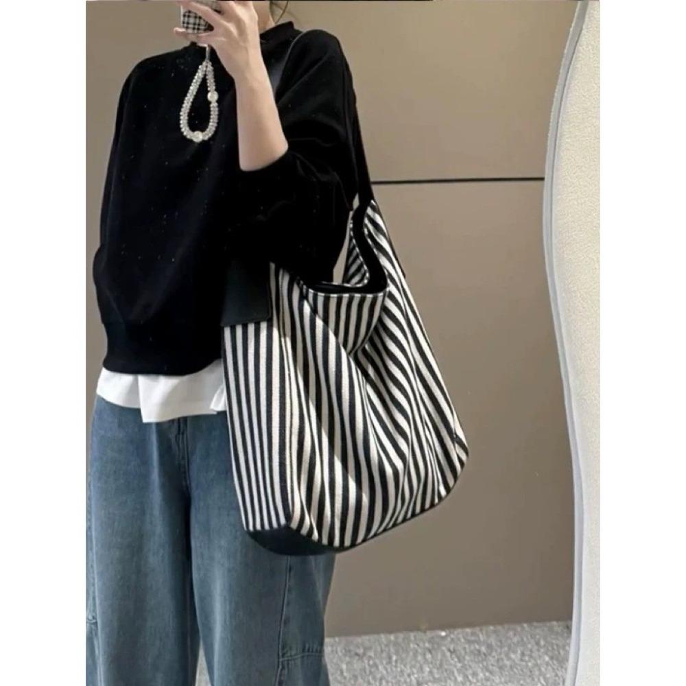 Large capacity tote bag women's 2025 new versatile canvas striped commuter shoulder bag women's casual armpit bag