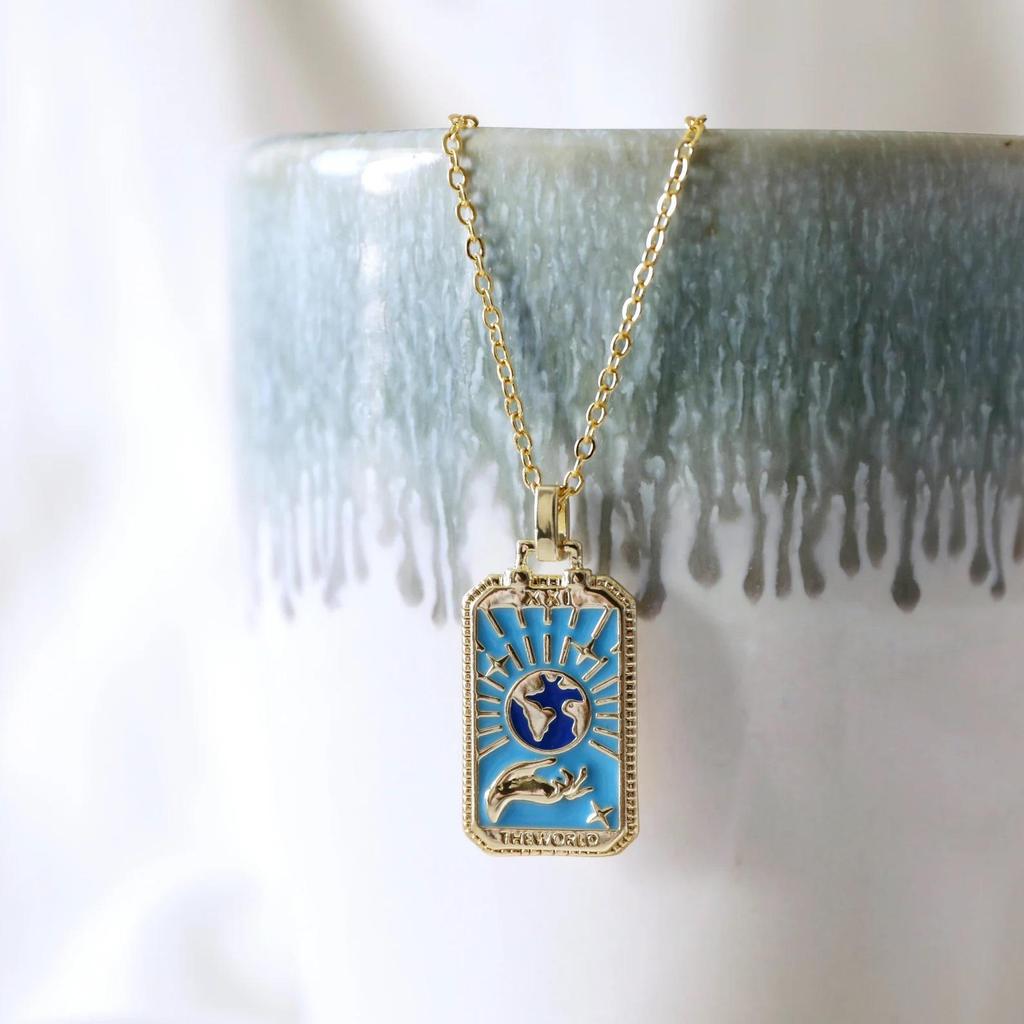 Colorful Enamel Tarot Card Necklace with Square Pendant On Copper Clavicle Chain