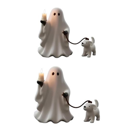 Ghost Pup Candle Holder Cute White Ghost Walking Dog Candlestick Resin Tabletop Figurine for Halloween Home Shelf Desk Decor