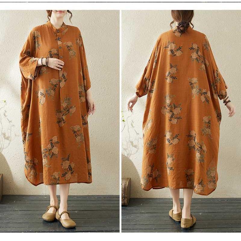 Printed Stand Neck Loose Oversized Vacation Dresses