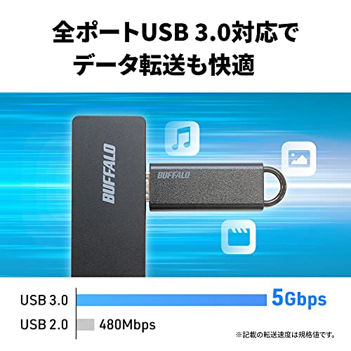 Buffalo USB Hub USB3.0 Slim Design 4 Ports 60cm Bus Powered Lightweight Compatible with Windows Mac PS4 PS5 Chromebook Telework Home Work BSH4U12560U3