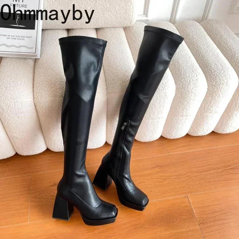 Winter Overknee-Stiefel Mode Seitliche Reißverschlüsse Quadratische High Heel Lange Stiefel Damen Elegante Mordern Stiefel