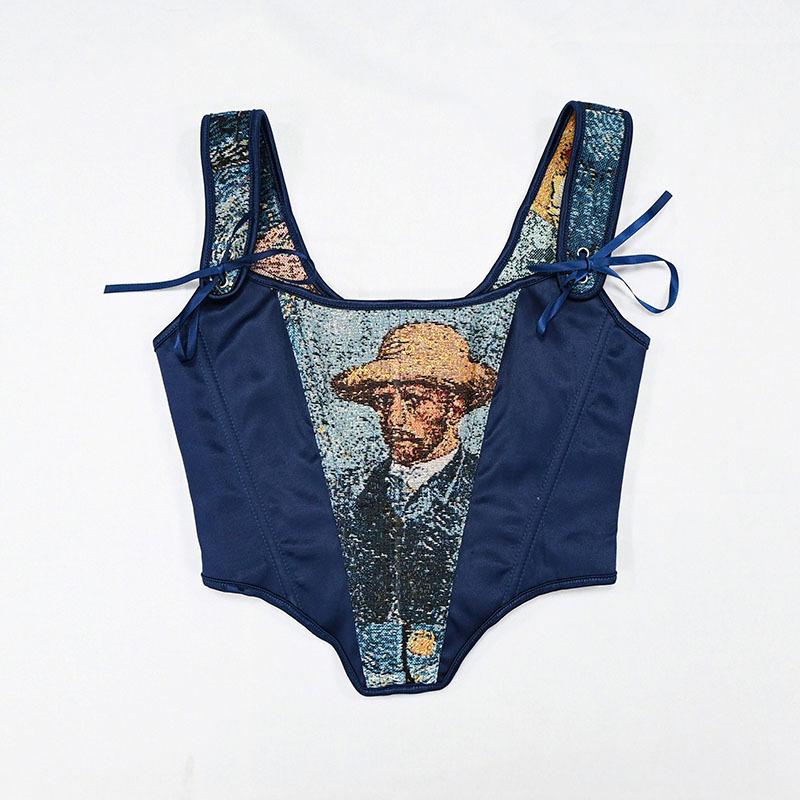 Vintage Van Gogh Oil Painting Art Corset Top Women Jacquard Brocade Bustier Aesthetic Sleeveless Slim Fit Bodice