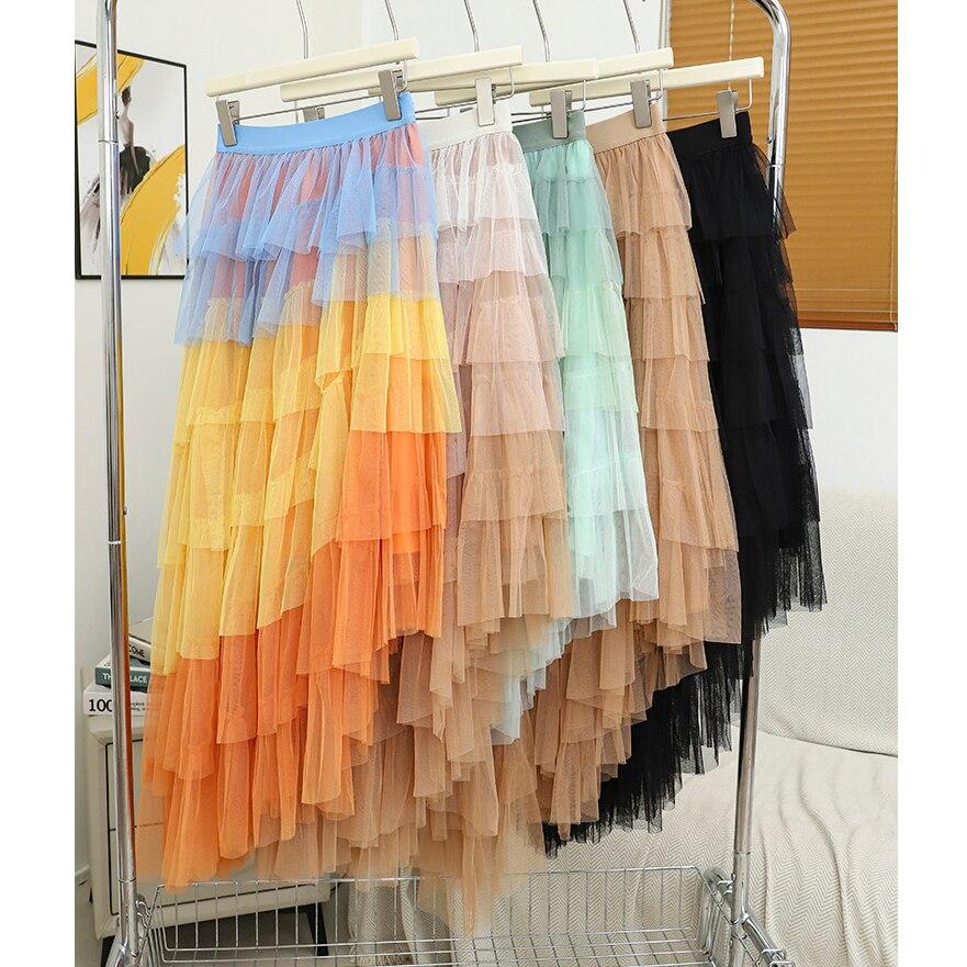 Qooth Fustă lungă din plasă cu tort pufos în gradient, vintage, cu talie elastică, rochie de bal din tifon tul pentru vară QT2222