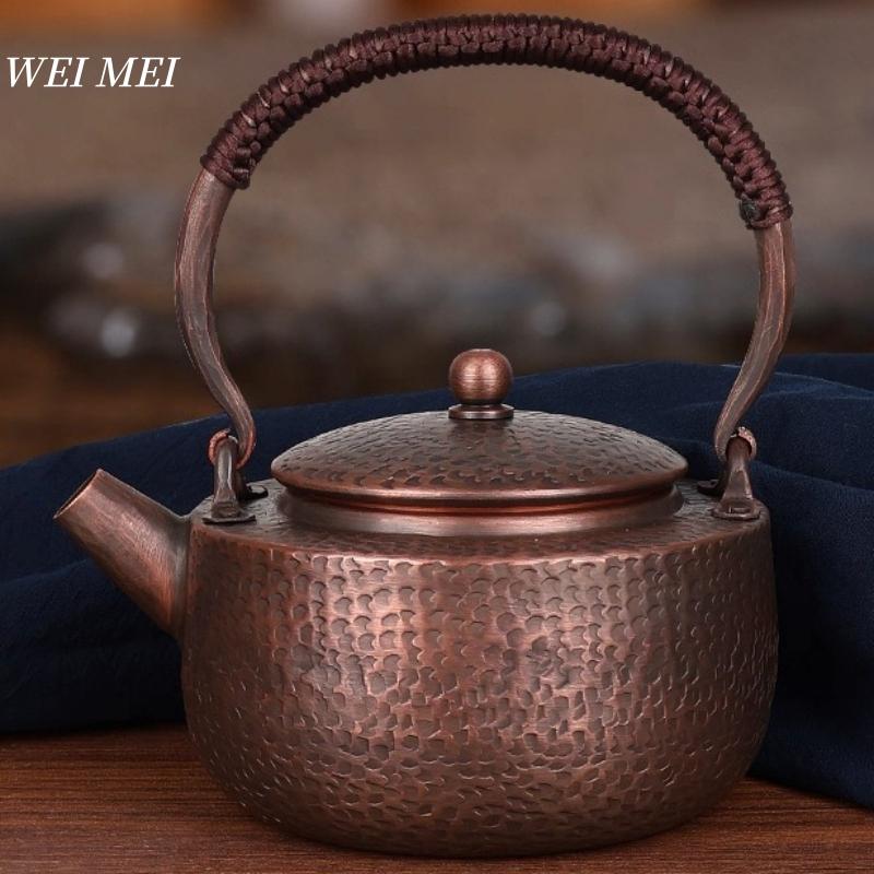 Vintage Copper Tea Pot,1000 Mlcamping For Boiling Tea And Brewing Coffee,Handcrafted Hammer Texture Woven Portable Pot Tableware