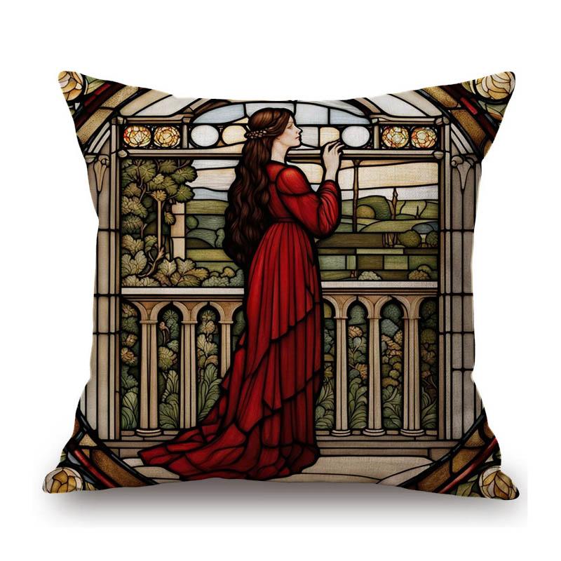 Renaissance Pre-Raphaelitism William Morris Round Stained Glass Window Elegant Lady Girl Decoration Pillow Case Cushion Cover