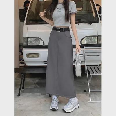Dámská šedá sukně A-střihu s vysokým pasem - Středně dlouhá, jarní/letní styling, rovný střih s rozparkem.