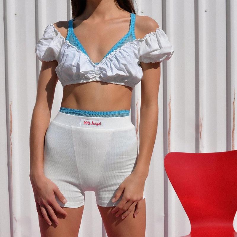 Verão branco carta bordado biker shorts feminino ribber malha preto cintura alta casual streetwear shorts