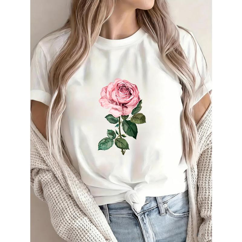 White T Shirt With Pink Rose Floral Print For Casual Wear
