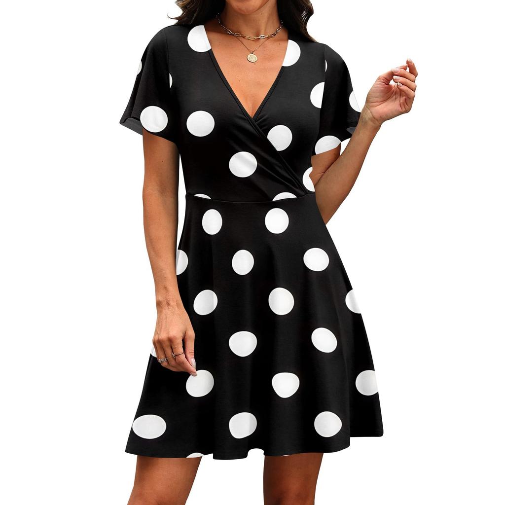 Women's Casual V Neck Short Sleeve Dress Polka Dot Print Wrap Style Above Knee Length Summer Dress for Daily Wear