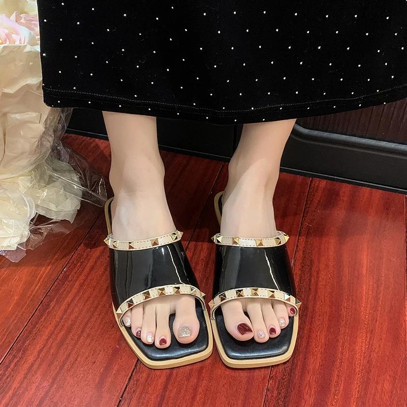 Fashion 2025Women Shoes  Slippers Pointed Toe Metal Rivets Low Heeled Pumps Female Fashion Designer Casual Shoes Summer Sandals