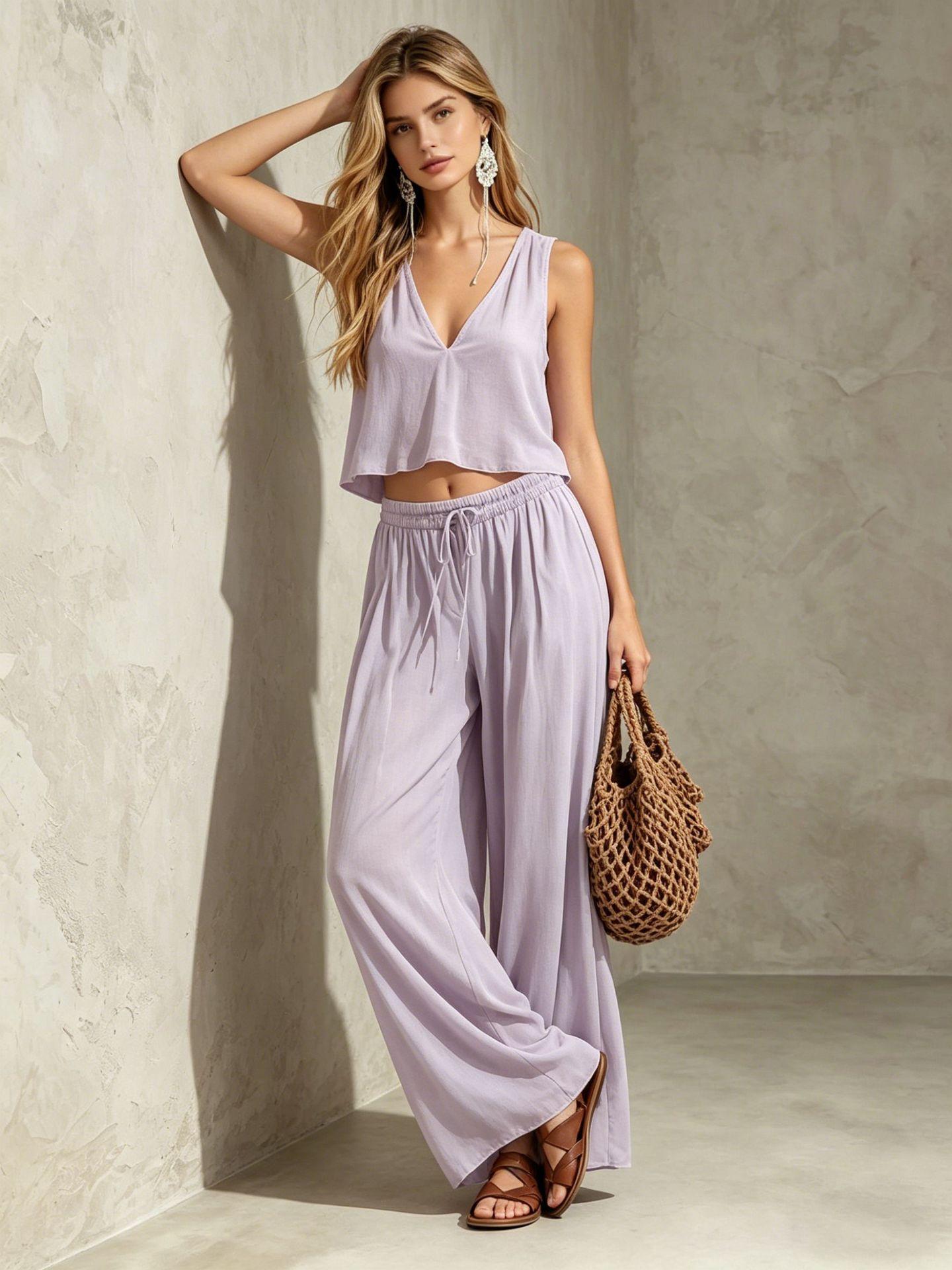 

women s Deep V Neck Sleeveless Crop Top Drawstring Wide Leg Pants 2 Piece Vacation Outfit Casual Set S лаванды фиолетового