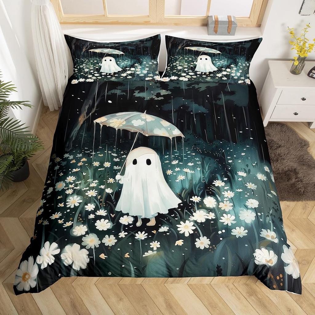 Cartoon Ghost Pink Duvet Cover Cute Black Cat Pet Animal Kitten Quilt Cover Happy Halloween Theme Bedding Set with 2 Pillowcases