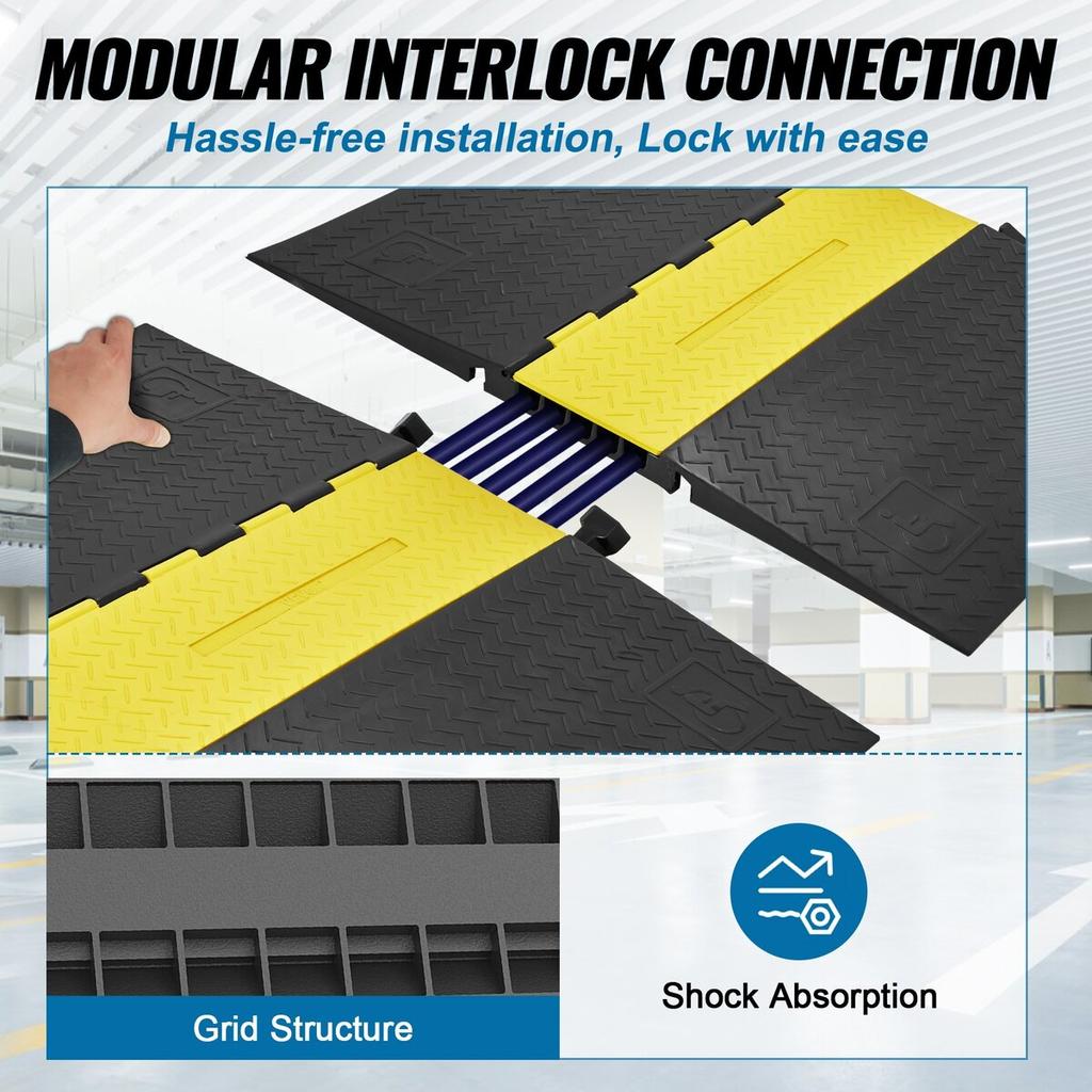 Rubber Cable Protector Ramp, 5 Channel, 22000 Lbs/axle Capacity Heavy Duty Wire Cover Ramp Hose Cord Ramp Driveway, Traffic Speed Bump with Flip-Open