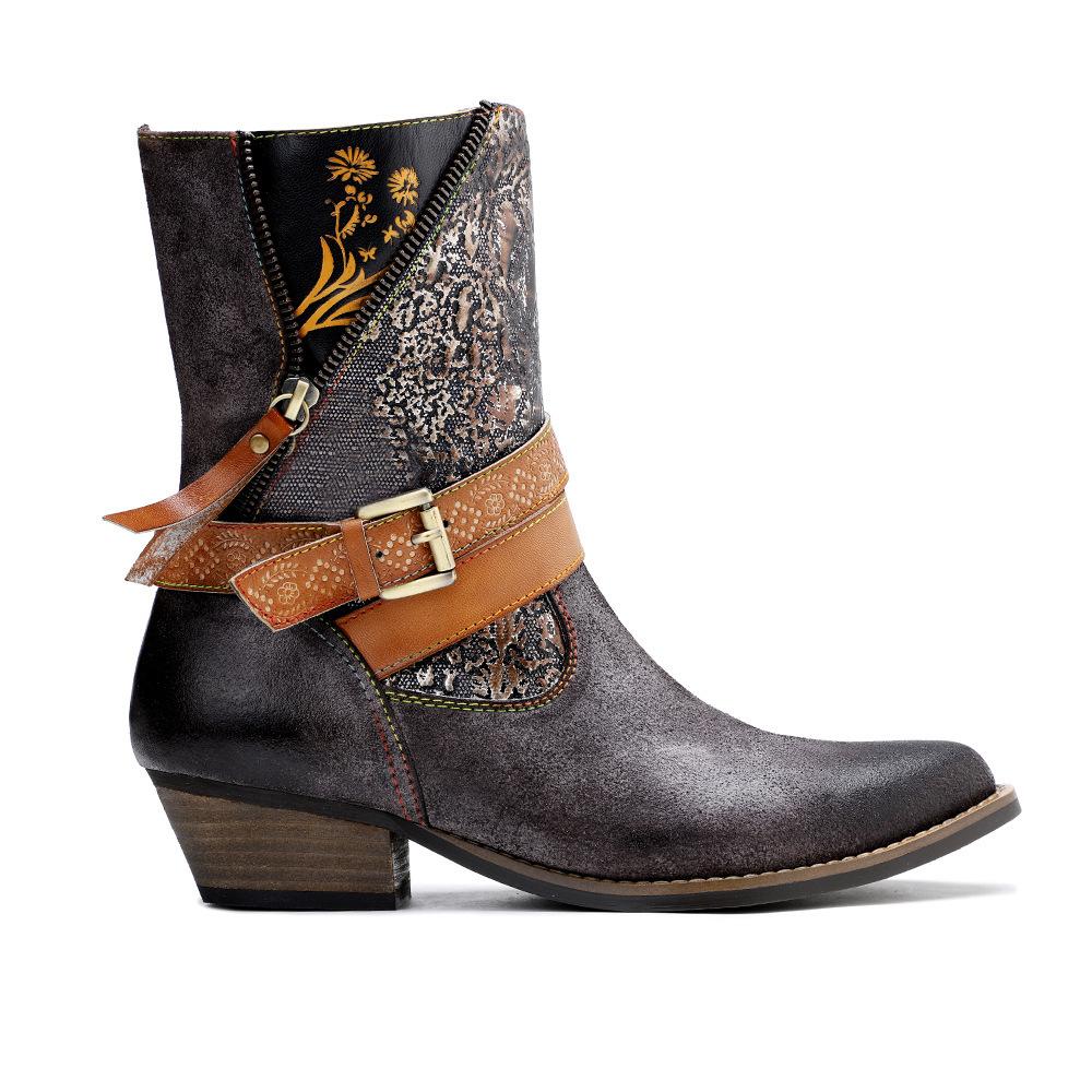 Pravá kůže Patchwork vysoké podpatky Retro reliéfní ručně malované lodičky Všestranná dámská obuv