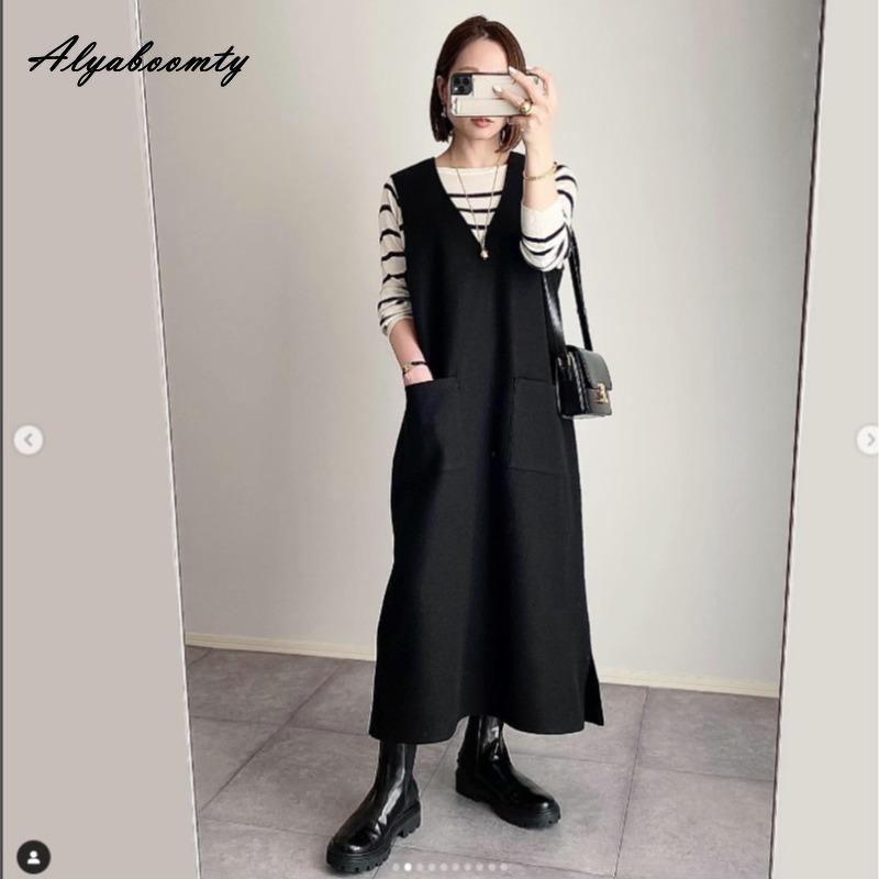 Korean Style Fall Winter Women Sundress V Neck Black Gray Woolen Midi Sleeveless Dress Warm Wool Tank Dress With Pockets