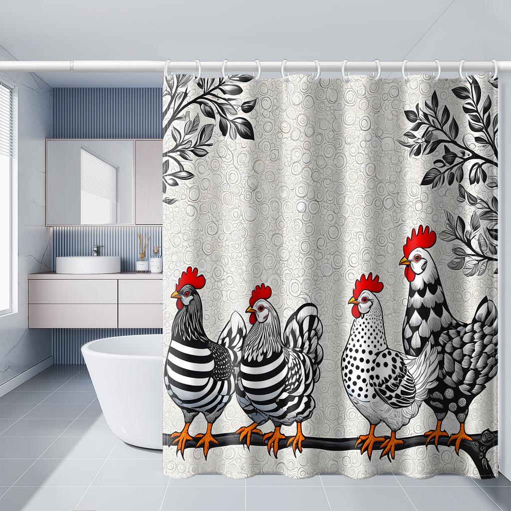 Chic Black & White Hen Pattern Shower Curtain, Floral and Leaf Motifs, All-Season Bathroom Decor, Bathroom Decor