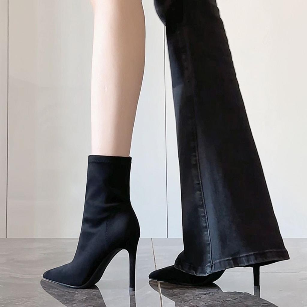 Season women's boots thin heel black high heel short boots women's thin high heels pointed elastic boots fashionable and versatile