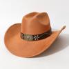 Unisex Western Cowboy Hat with a Unique Flat Top, Rolled Edges, Wide Brim, Felt Material, Paired with a Cowhide Belt, Suitable for Horseback Riding