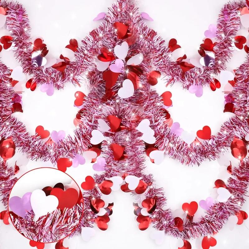 2M Valentines Heart Tinsel Garland Decorations Valentines Day Red Pink Metallic Garland for Wedding Birthday Hanging Decor