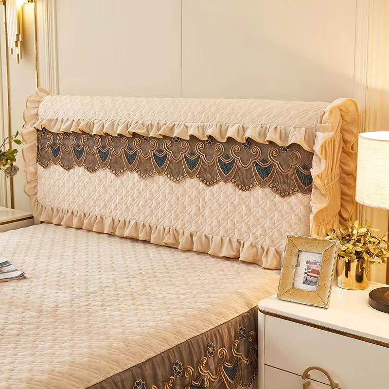 Luxury Fine Flannel Quilted Bed Head Cover Lace Edge Short Plush All-inclusive Headboard Cover Elegant Protective Cover