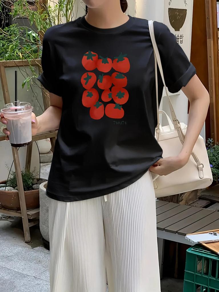 Tomato Print Short Sleeve Tshirt American Retro Trend Casual Style For Unisex Summer Versatile Daily Top