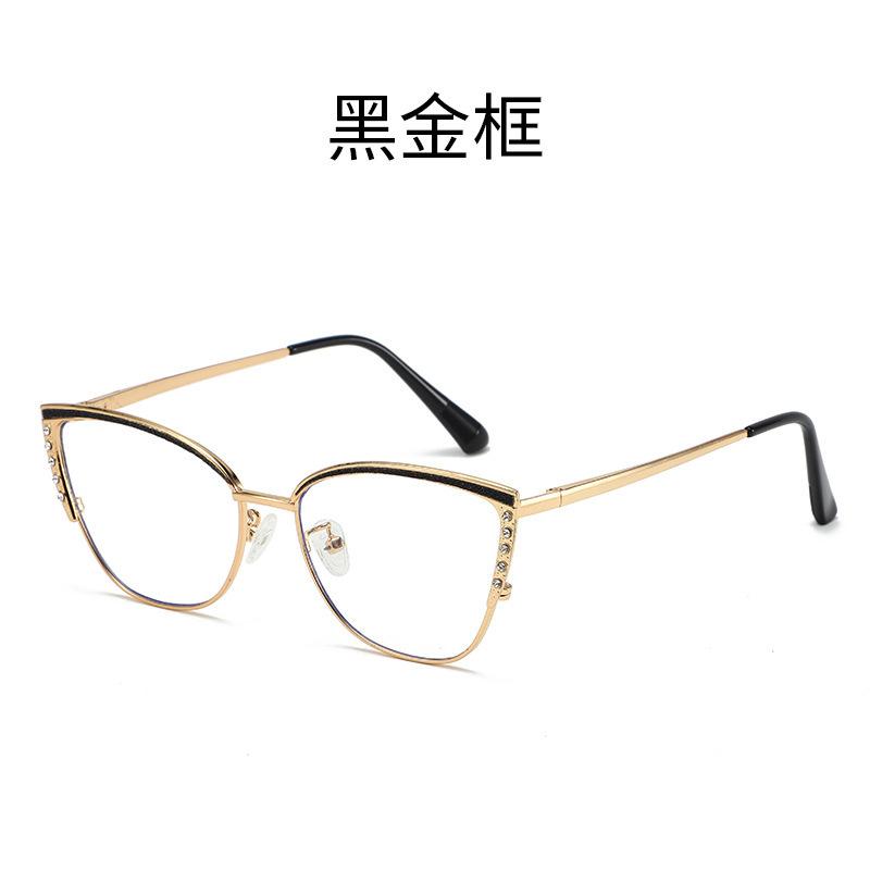 European and American metal cat eye glasses frame fashion trend personalized decoration diamond-encrusted flat glasses color-changing anti-blue glass